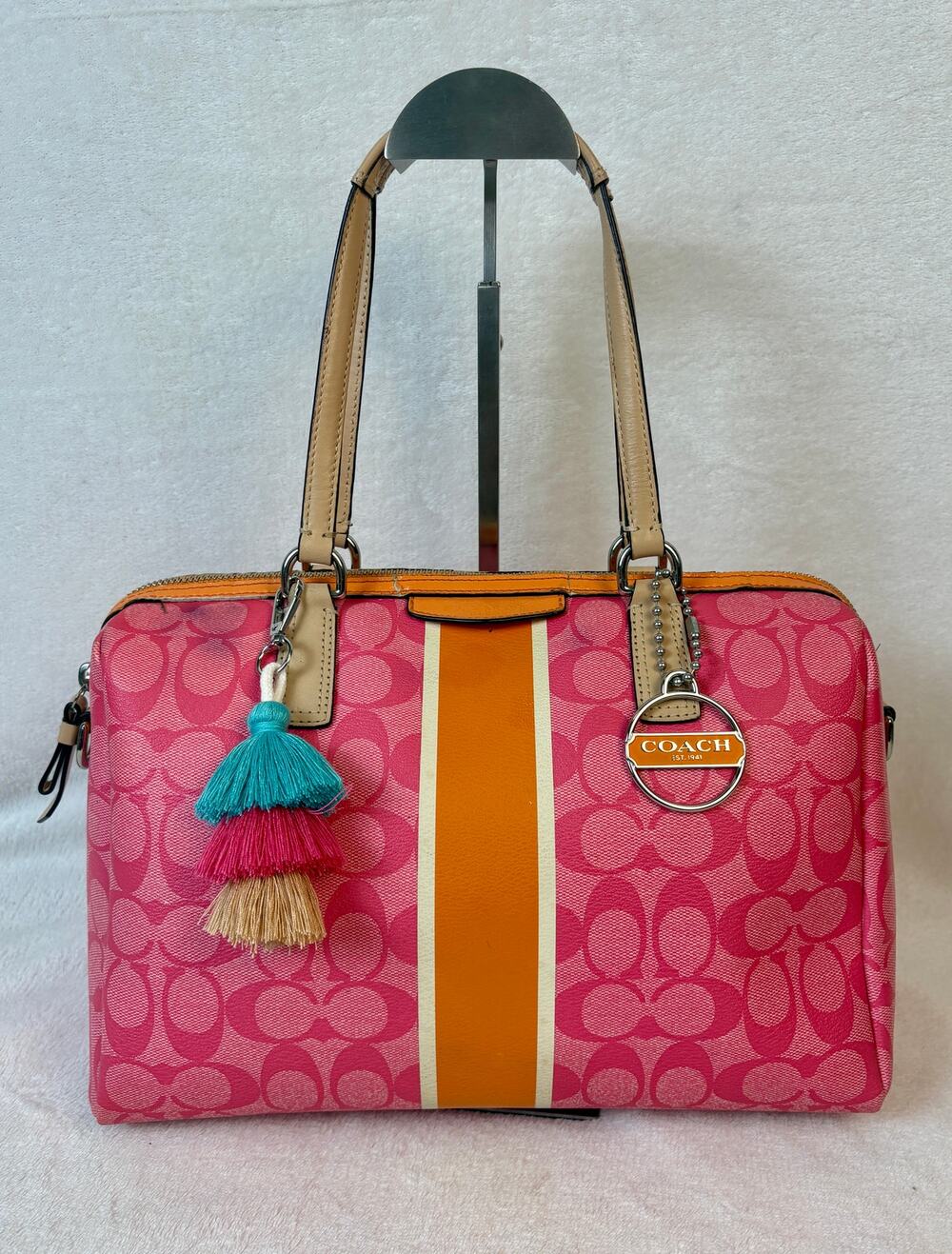 Coach Signature Pink Stripe Nancy Satchel